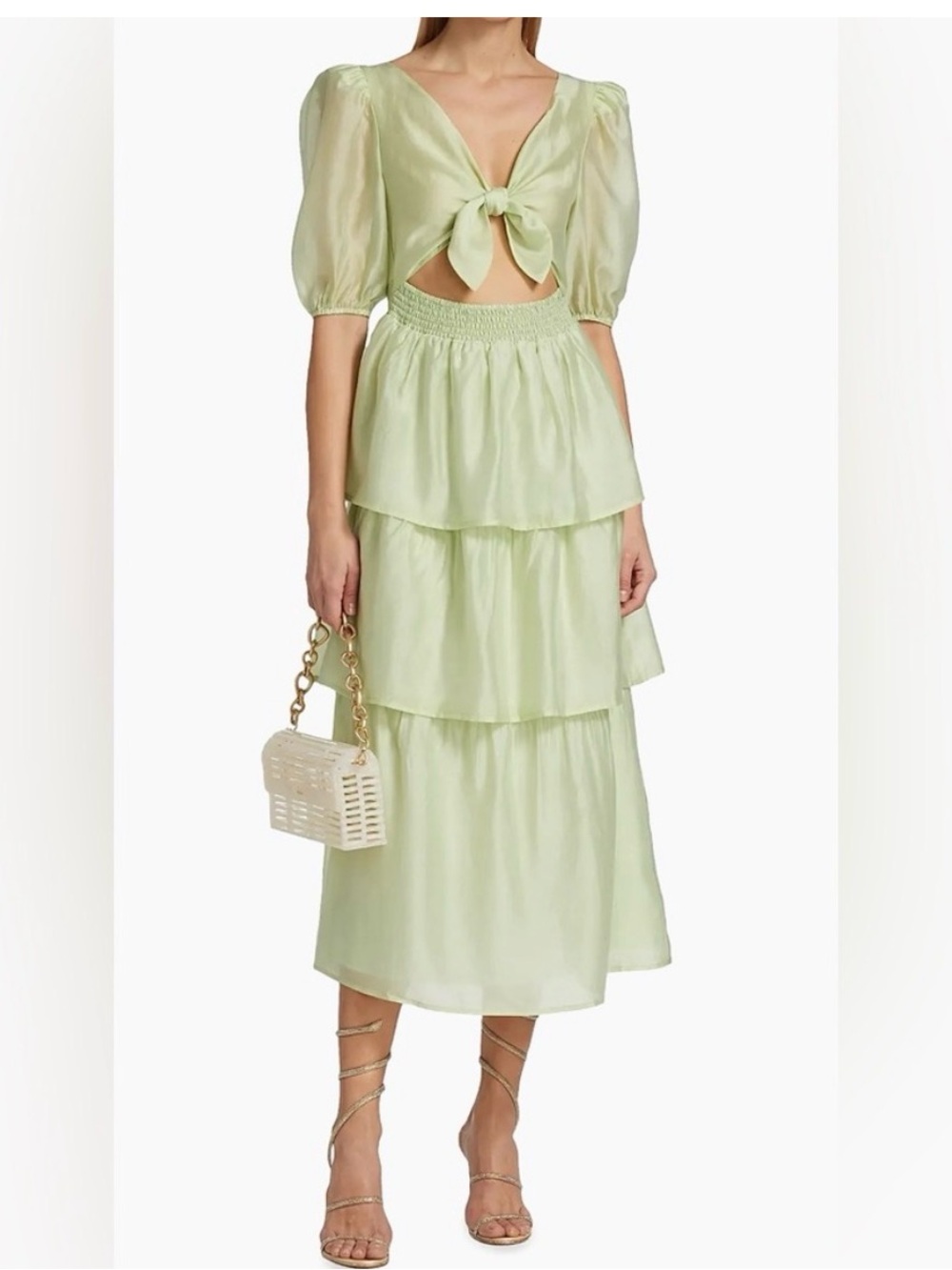 Wayf Sage Green Puff-Sleeve Tiered Maxi Dress with Front Tie